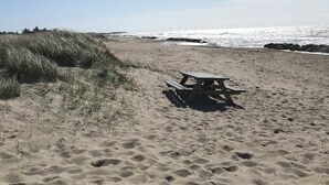 A sandy beach with a wooden picnic table and dunes in the background. - Lovely holiday home on Lolland (Errindlev)