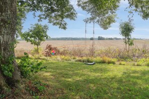 A grassy field with a swing set and trees. - Idyllic country house with sea view and sunsets (Rønne)