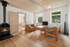 A cozy room with a wood-burning stove, wooden furniture, a TV, and large windows.