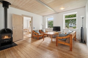 Una habitación acogedora con chimenea de leña, muebles de madera, televisión y ventanas amplias.