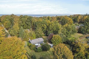 An aerial view of a residential area with a house surrounded by dense trees and a visible path.