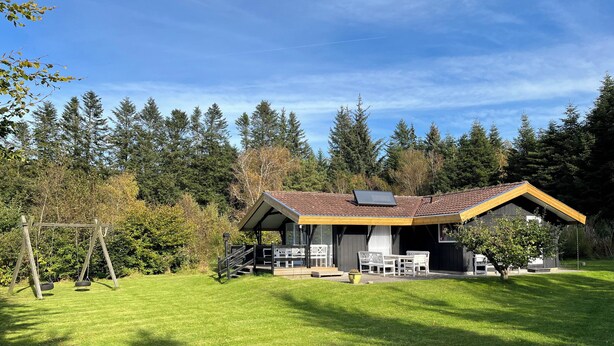 A house with a covered porch, a swing set, and a well-maintained lawn.