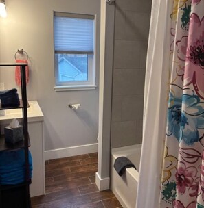 Hair dryer, towels, soap, shampoo