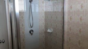 Un espacio de ducha con mampara de vidrio, cabezal de ducha y jabonera adherida a la pared.