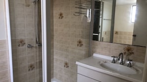 A bathroom with a shower, a sink, and a mirror.