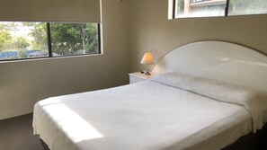 A single bed with a white headboard and footboard, a bedside table with a lamp, and a window with a view of greenery outside.