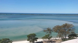 A coastal view with clear waters, a sandy beach, and trees. - The Moorings 906 Golden Beach Waterfront Views (Golden Beach)