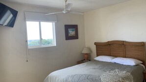 A bedroom with a bed, a ceiling fan, a window with a view, a bedside lamp, and a framed picture on the wall. - Riviere 718 Stunning Panoramic Golden Beach Views (Golden Beach)