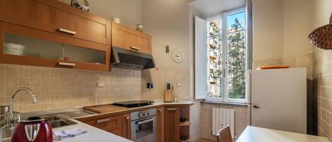 Een koelkast, een oven, een kookplaat, een vaatwasser