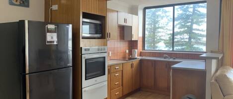 Microwave, oven, dishwasher, dining tables