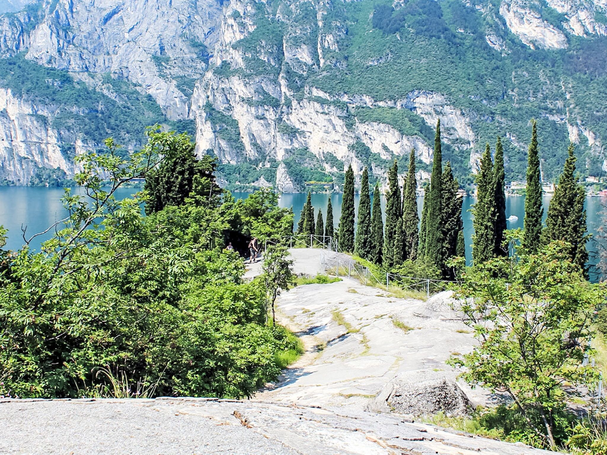 A rocky path leading to a lake with tall cypress trees and a mountainous backdrop.