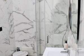 Shower, free toiletries, hair dryer, bidet