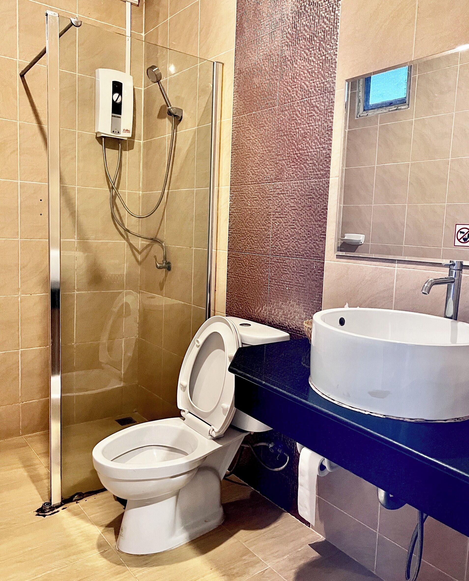 Un baño con inodoro, ducha y lavamanos.
