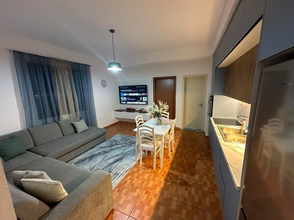 Living area - “Cozy 2-Bedroom Apartment, 15 Mins to Tirana Center, Perfect for Work & Leisure” (Tirana)