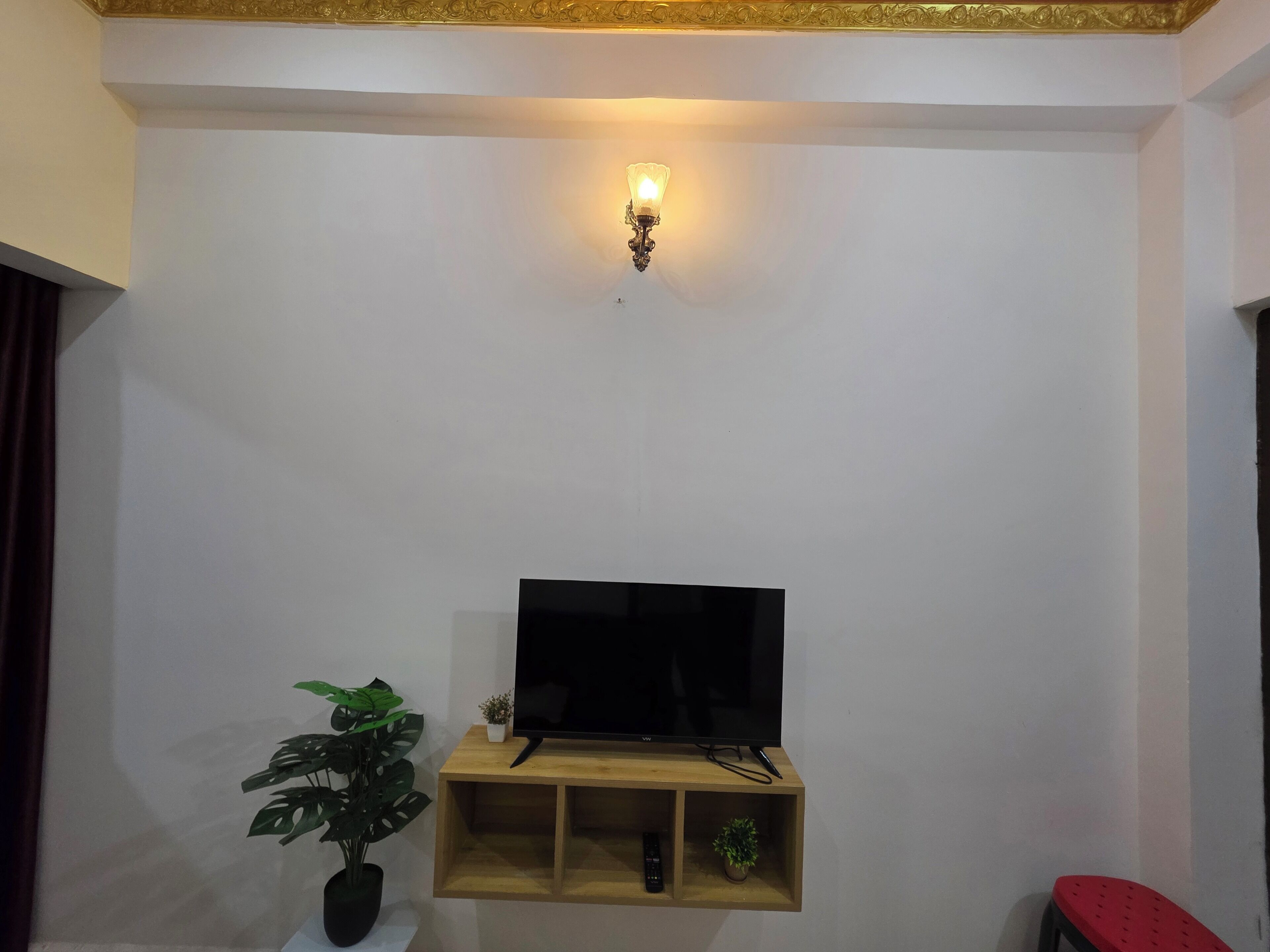 Ein Wohnzimmer mit einem an der Wand befestigten Fernseher auf einem Holzregal, einer Topfpflanze und einer Wandleuchte.