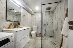 Shower, hair dryer, towels