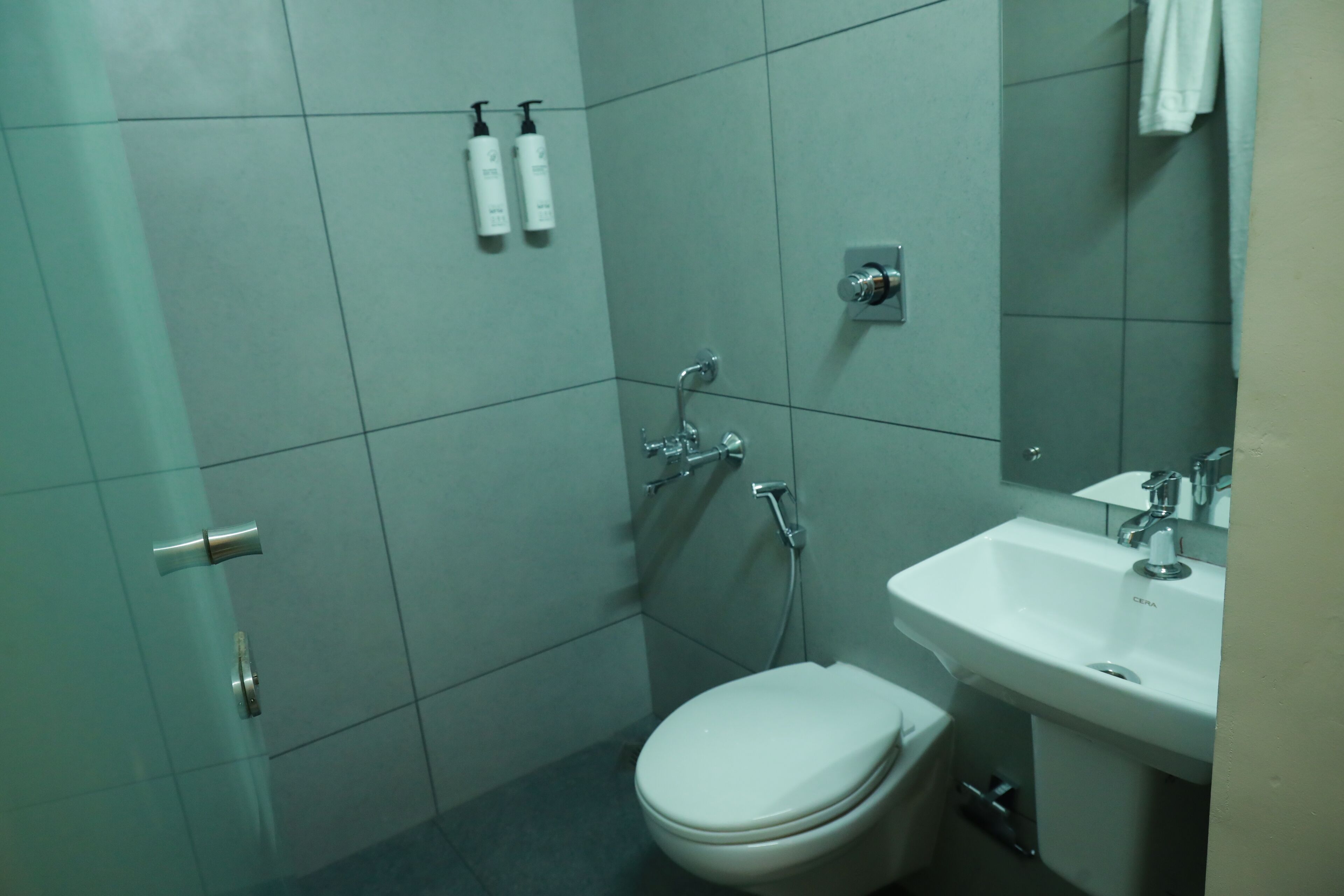 Een kleine badkamer met toilet, wastafel en douche.