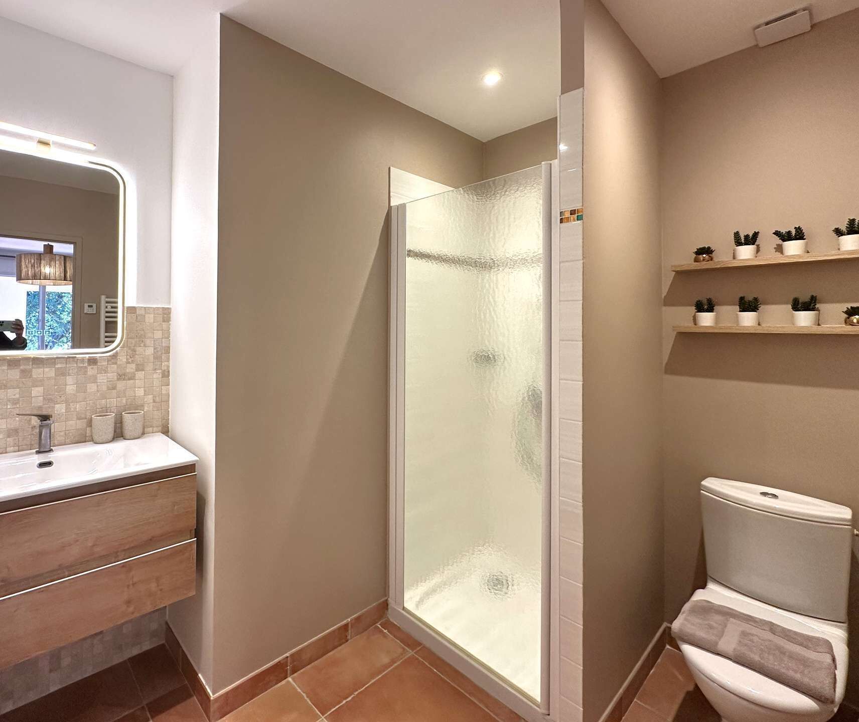 A modern bathroom with a glass shower enclosure, a vanity with a mirror, and a toilet.