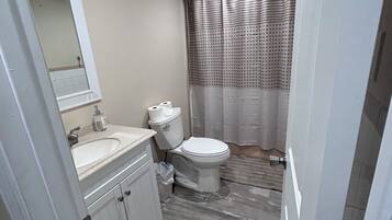 Shower, hair dryer, towels, toilet paper