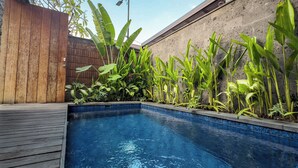 Una piscina con muelle de madera y pared de hormigón.