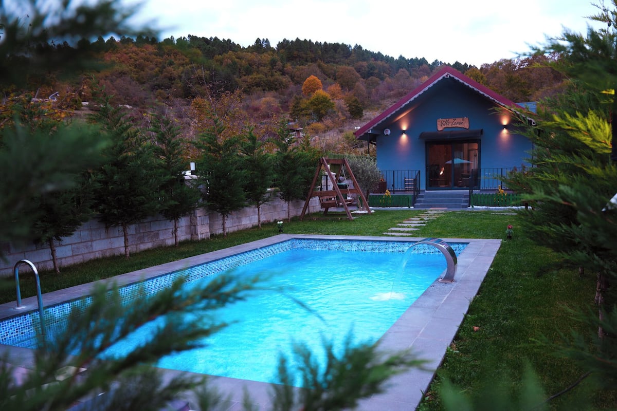 A swimming pool with a wooden swing set, a small house with a red roof, and a forested hillside in the background.