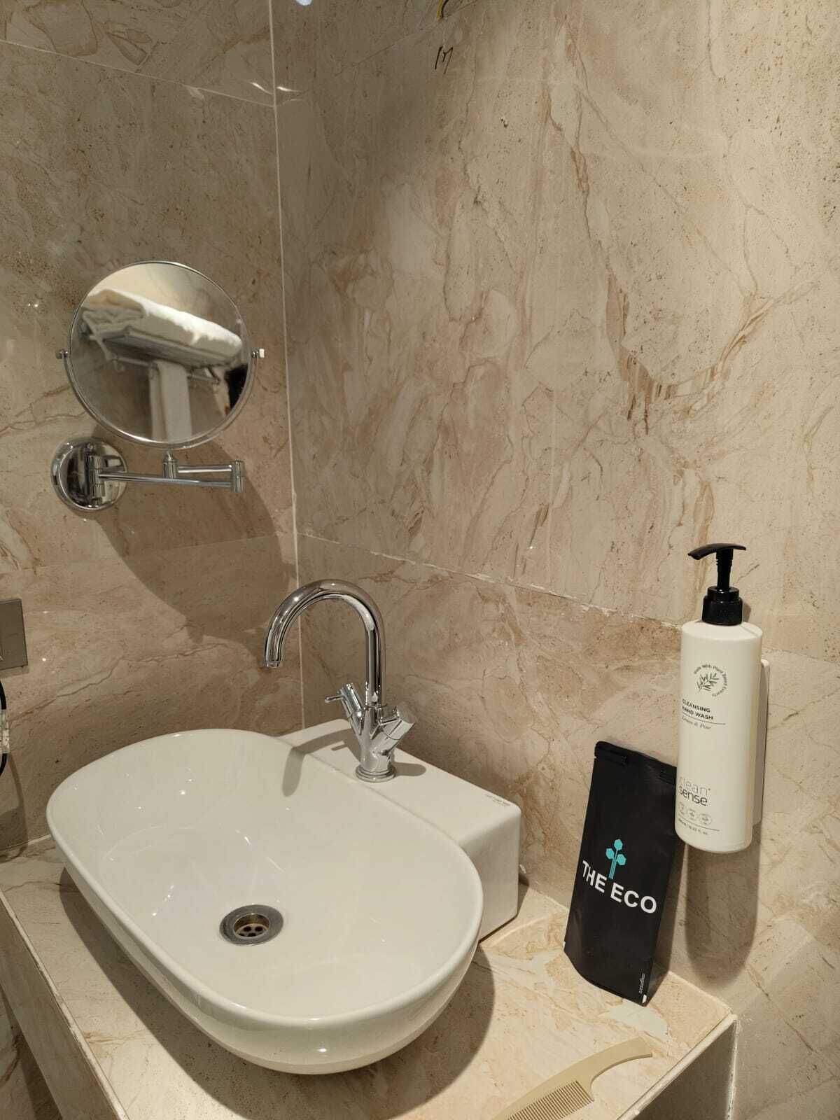 Un baño con un lavamanos blanco, un espejo, un cabezal de ducha de mano y una botella de jabón de manos de la marca The Eco.