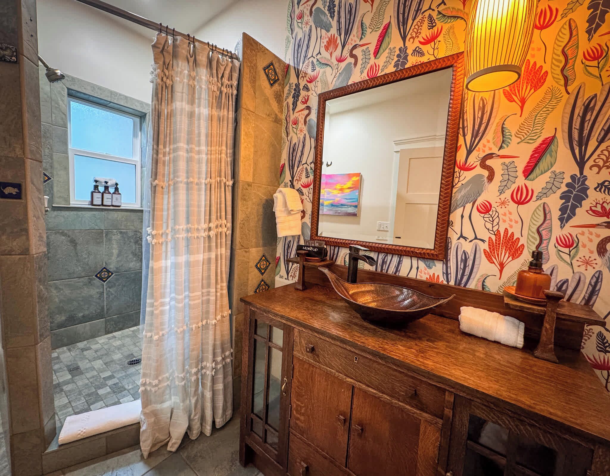 Shower, hair dryer, towels, shampoo