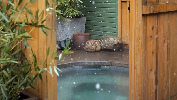 Un jacuzzi pequeño al aire libre con valla de madera y plantas en macetas alrededor.