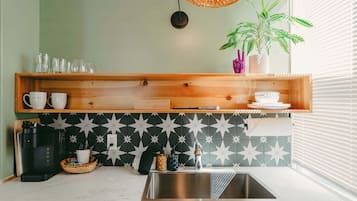 Fridge, microwave, stovetop, coffee/tea maker