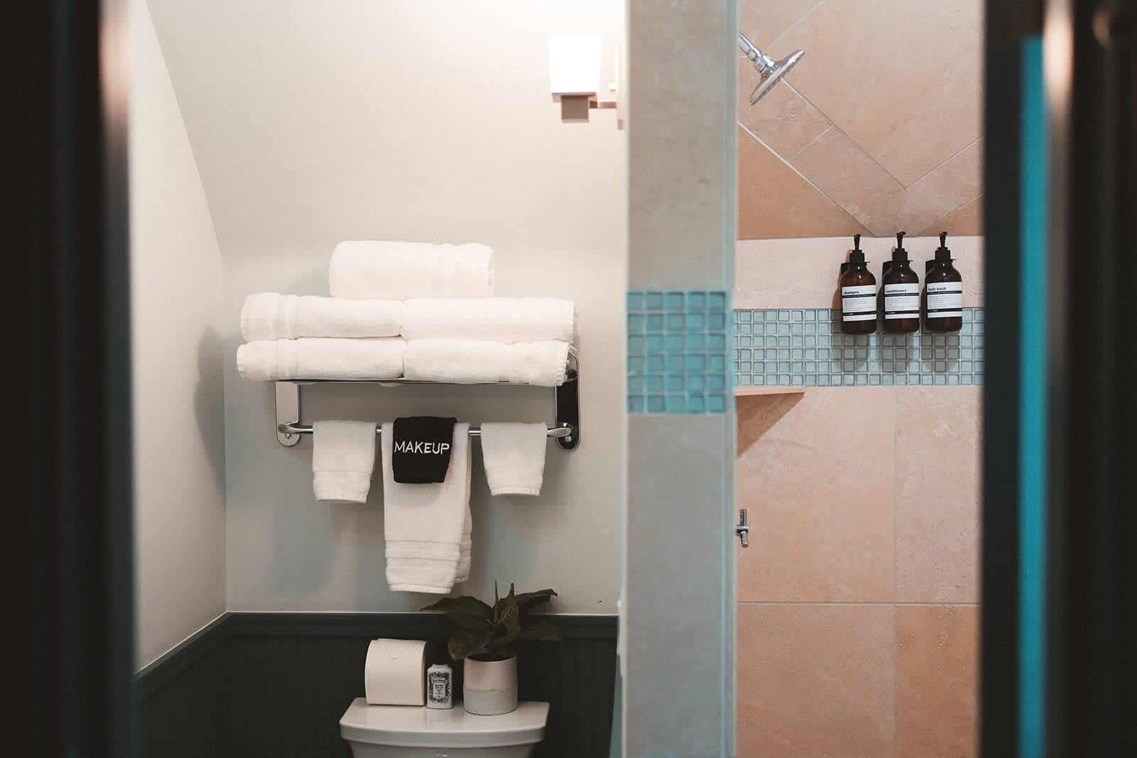 Shower, hair dryer, towels, shampoo