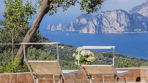 Two sun loungers with a white canopy, a potted plant, and a scenic view of the sea and mountains.