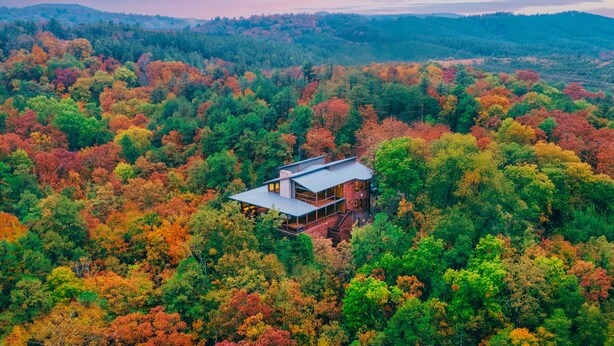 A modern house surrounded by a forest with autumn foliage.