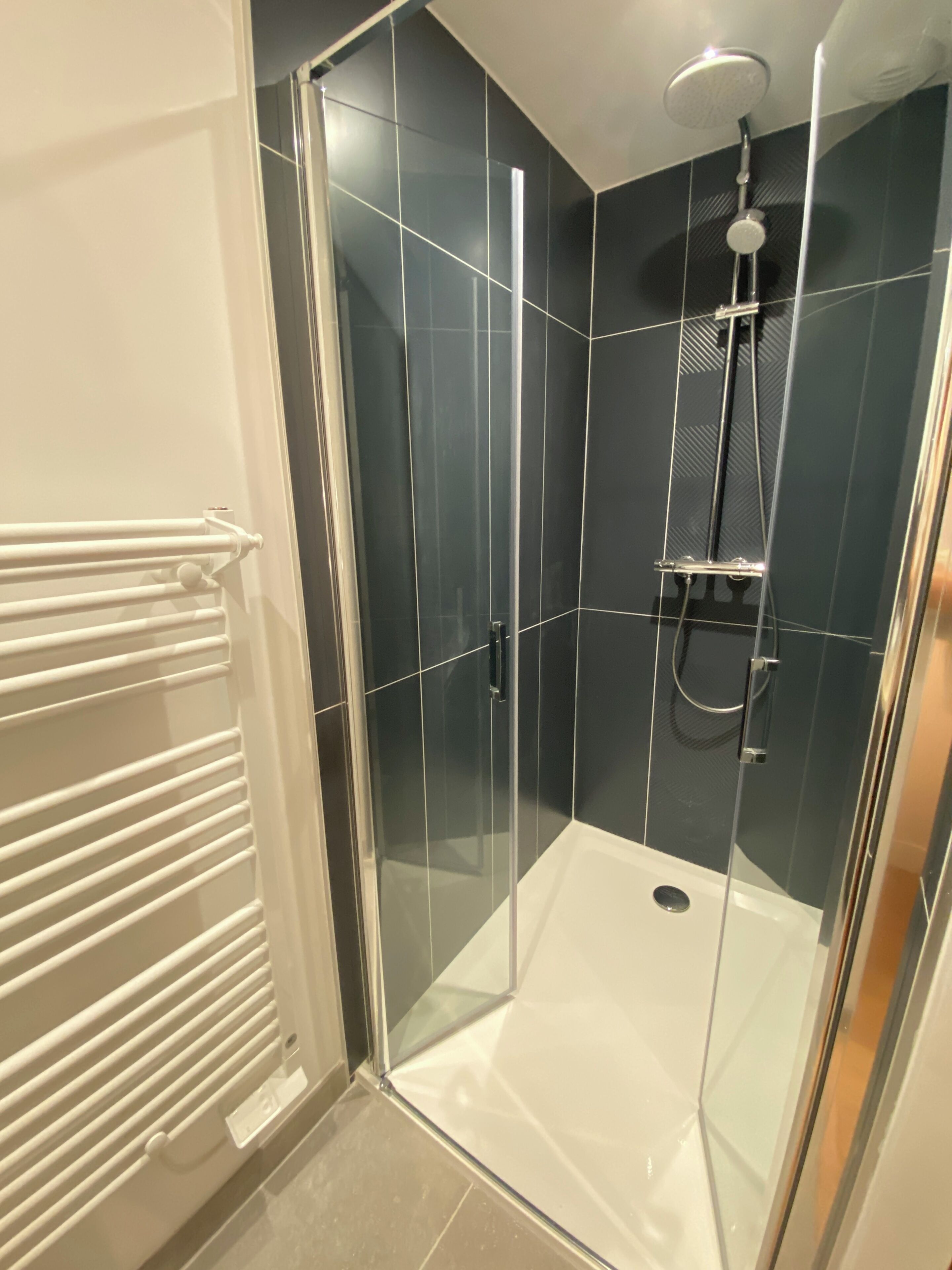 A modern shower area with a glass door, a handheld showerhead, and a wall-mounted control panel.