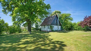 Une maison avec un toit en pente, entourée d’une cour verdoyante et d’arbres.