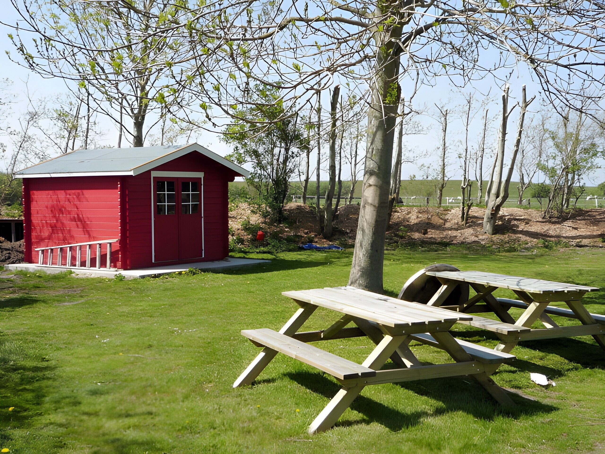 Un abri rouge avec une porte et des fenêtres, une table de pique-nique et un arbre, le tout situé dans une zone herbeuse.