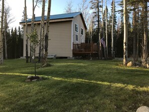A two-story house with a deck, surrounded by a grassy yard and tall trees. - Private Cabin Near Denali National Park
 (Healy)