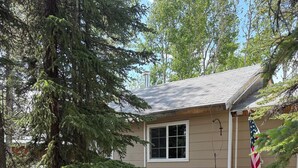 A house with a sloped roof, a window, and a flag. There are raised garden beds with plants and a small statue.