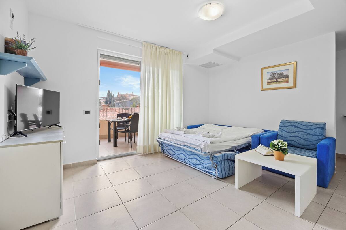 A modern room with a bed, a sofa, a desk, and a TV.