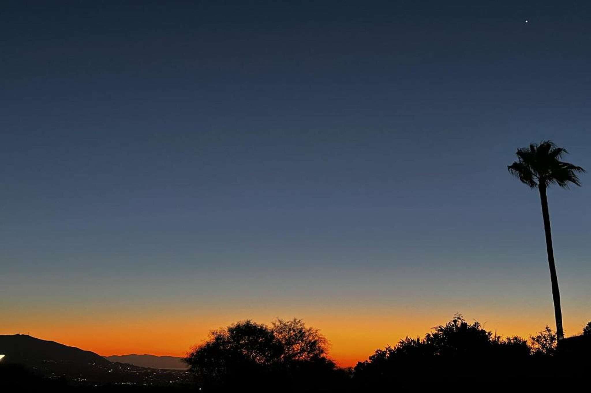A sunset with a clear sky, a palm tree, and silhouettes of trees and hills.