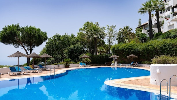 Piscina con sillas de descanso y sombrillas, rodeada de follaje y un edificio.