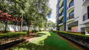 Un patio ajardinado con un sendero, rodeado de setos y árboles cuidadosamente podados.