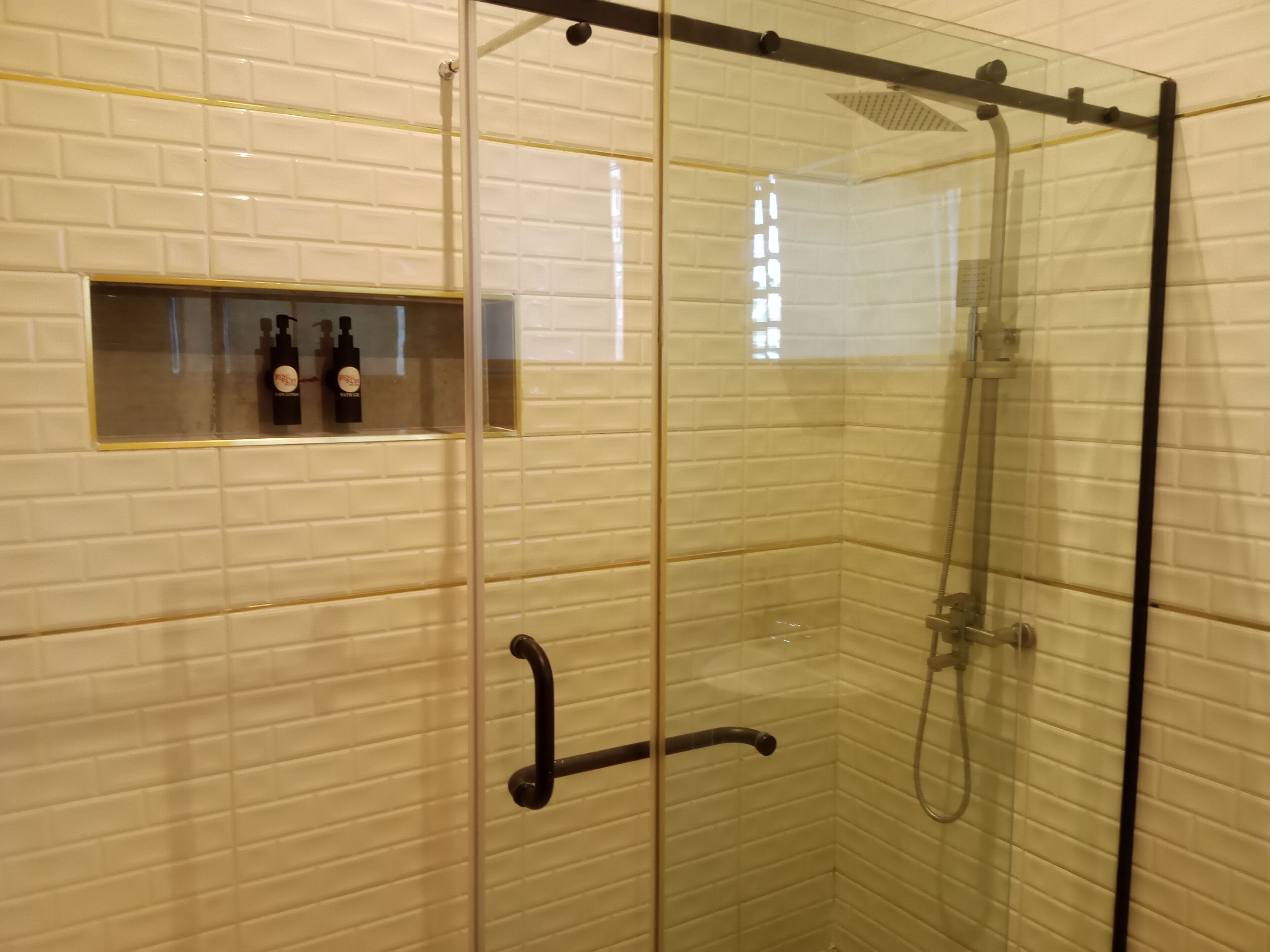 A glass-enclosed shower area with a handheld showerhead and a handheld shower control.