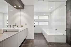 Hair dryer, towels, soap, shampoo