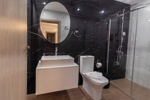 Shower, hair dryer, towels, toilet paper