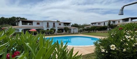 Sesongbasert utendørsbasseng, bassengparasoller og solsenger