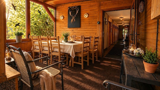 Un interior de madera con una mesa de comedor, sillas, un banco y una chimenea.