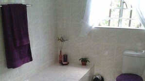 A bathroom with a bathtub, toilet, and a window. - African Violet (Mbabane)