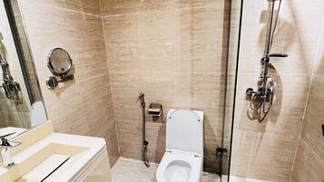 Hair dryer, towels, soap, shampoo