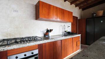 Une cuisine avec des meubles de rangement en bois, une cuisinière à gaz, un évier et un réfrigérateur noir.