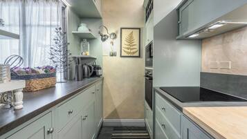 Apartemen, balkon, pemandangan kota | Dapur pribadi | Lemari es, microwave, oven, dan kompor